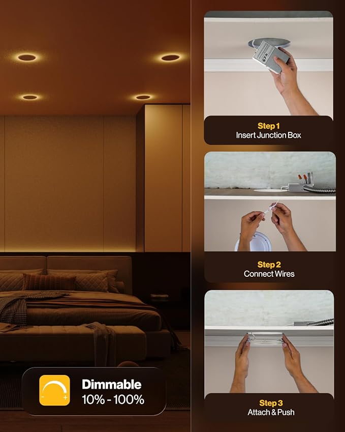 Sunco 6 Pack 4 Inch LED Recessed Lights with Night Light, Slim Ceiling Lighting, 900 Lumens, 11W (80 W Equivalent), Selectable CCT 2700K/3000K/4000K/5000K/6000K, Dimmable, Canless with Junction Box
