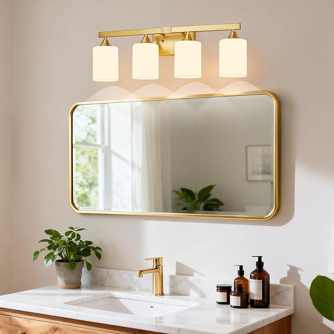 ZHU YAN 4-Light Bathroom Lighting Fixtures Over Mirror,Gold Bathroom Light Fixtures,Modern Wall Sconces Milky White Glass Shades for Bathroom Vanity Light,E26 Base