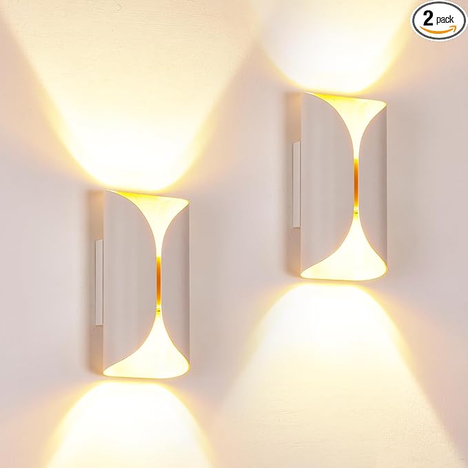 2 Pack Outdoor Indoor White&Gold Modern up and Down LED Porch Living Room Wall Light, IP65 Waterproof, 1200LM, 120V, CRI90+, 2700K 3000K 3500K 4000K 5000K Selectable, 5-100% Dimmable, ETL