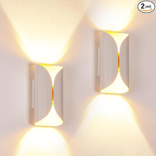 2 Pack Outdoor Indoor White&Gold Modern up and Down LED Porch Living Room Wall Light, IP65 Waterproof, 1200LM, 120V, CRI90+, 2700K 3000K 3500K 4000K 5000K Selectable, 5-100% Dimmable, ETL