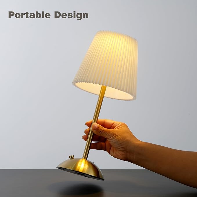 Cordless Rechargeable Table Lamp 3-Color Dimmable Touch Control, 3000mAh Battery Operated Portable Light Beige Fabric Shade for Bedroom, Living Room, Office, Nursery, Bathroom ( Antique Brass, Gift )
