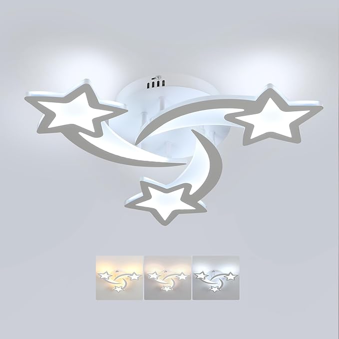 Goeco Kidsroom Ceiling Light, 3 Light Mode (3000K/4500K/6000K) White Acrylic Close to Ceiling Light Fixtures, Stars Cartoon Flush Mount Ceiling Lamp Fixture for Kids Room, Bedroom, Living Room