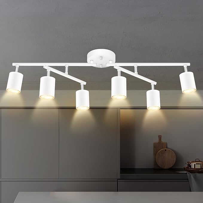 Track Lighting Fixture Ceiling, 30" Modern LED Track Lighting Kit, White 6 Light Ceiling Light for Kitchen, Rotatable Spotlight Heads, Flexible Wall Mount Spot Lighting for Island/Bedroom(NO Bulb)