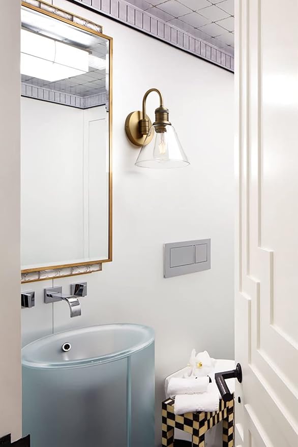 Yosoan 1-Light Brass Modern Vintage Indoor Wall Sconce, Vanity Single Luxury Hardwired Retro Textured Clear Funnel Flared Glass Shade with Industrial Curved Rod Bathroom Lamp(Antique)