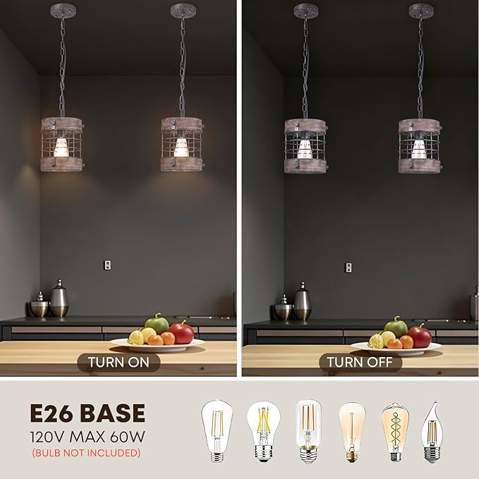 Farmhouse Pendant Light, Rustic Hallway Light Fixtures, Industrial Metal and Wood Chandelier 1-Light Round Cage, for Kitchen Island Foyer Hallway Bar Dining Room Entryway, D 7.9" X H 8.7" (Sliver)