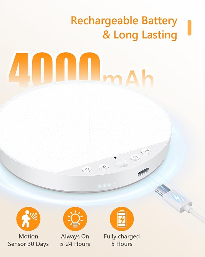 Rechargeable 6W Motion Sensor Ceiling Light Indoor, No Wiring & Magnetic Stick-On, Remote Control for Color & Brightness, Battery Operated Light for Shower, Closet, Bathroom, Pantry, Hallway, 1-Pack