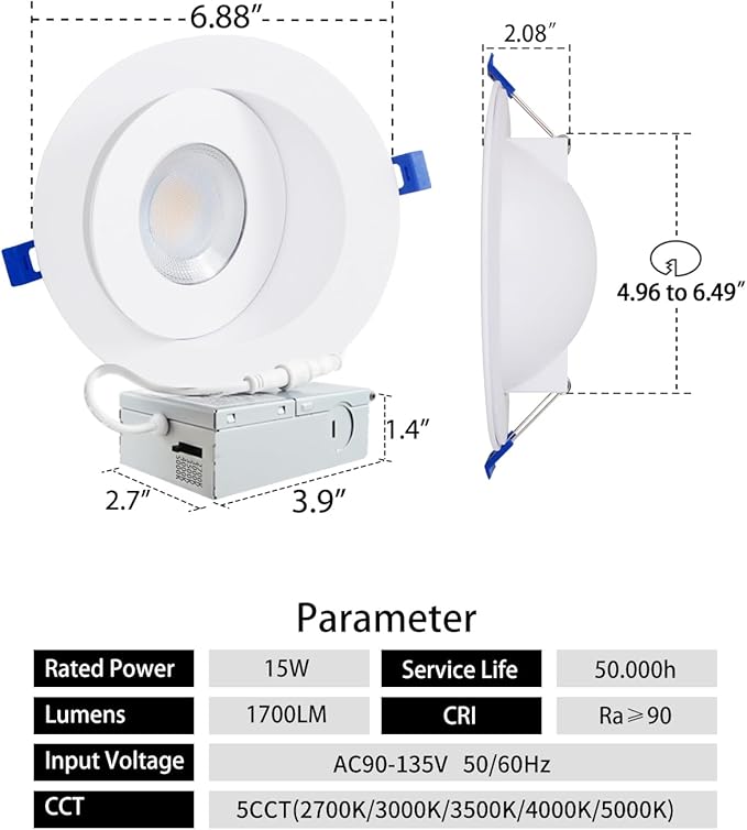 Adetu 5CCT Gimbal Led Recessed Lighting 6 inch, 360°+90° Adjustable Directional 6 inch Led Recessed Light, 2700K-5000K Dimmable Eyeball Canless Downlight with Jbox, ET (White, 6 Pack)