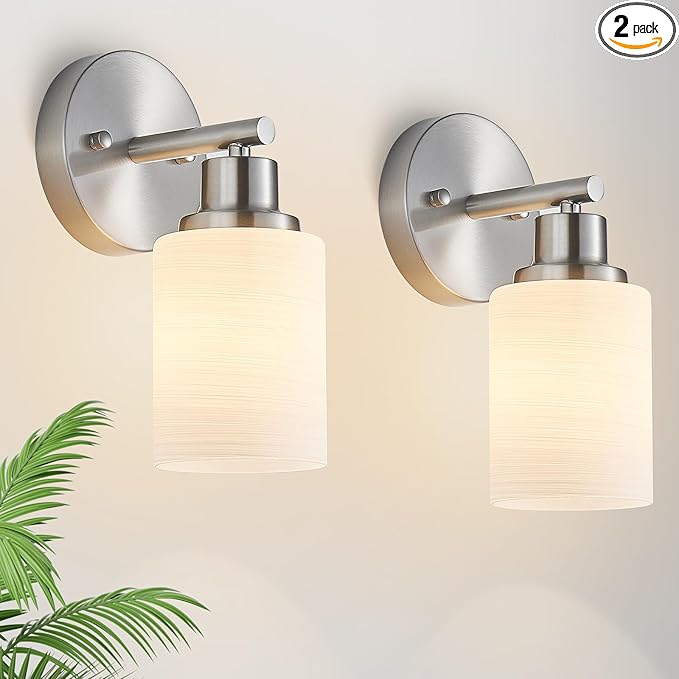 2-Pack 1-Light Vanity Lights, Brushed Nickel Bathroom Light Fixture with Textured Milky White Glass Shade, E26 Modern Vanity Lighting Fixture for Bathroom Wall Sconce