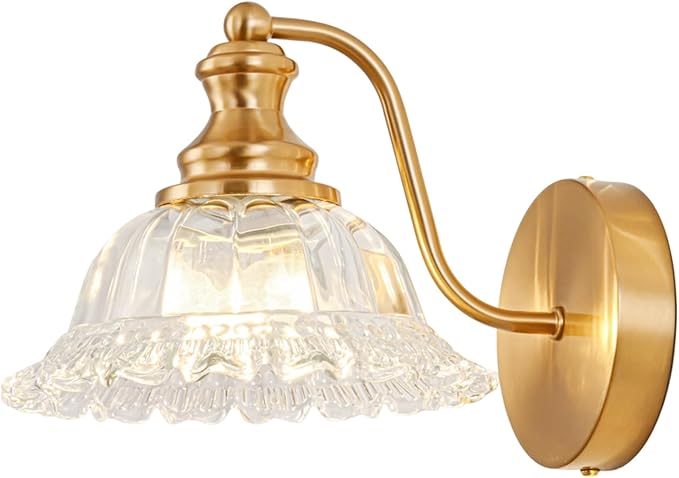 Vintage Wall Sconce Light, Gold Brass Bathroom Sconces Wall Lighting, Antique Wall Light Fixture with Clear Flower Glass Shades, Indoor Wall Sconces for Living Room Bedroom, 1-Light Wall Lamp