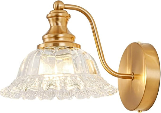 Vintage Wall Sconce Light, Gold Brass Bathroom Sconces Wall Lighting, Antique Wall Light Fixture with Clear Flower Glass Shades, Indoor Wall Sconces for Living Room Bedroom, 1-Light Wall Lamp