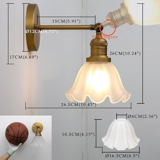 Phansthy Vintage Wall Sconces with Frosted Glass Lampshade 180 Degree Adjustable Brass Sconces Modern Glass Wall Lighting Fixture for Bedside Bedroom Doorway Bathroom (Antique)