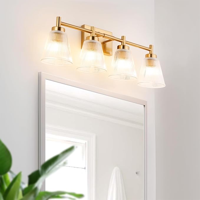 OCIOC 4-Light Bathroom Vanity Light, Burshed Gold Bathroom Light With Stripe Glass Shade, Makeup Light over Mirror, Wall Mounted Sconces for Living room, Kitchen, Hallway
