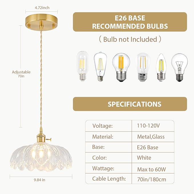 Glass Pendant Lights Kitchen Island, Vintage Brass Pendant Light Fixtures, Adjustable Transparent Kitchen Pendant Lighting Over Island for Bedroom Living Room Hallway Dining Room