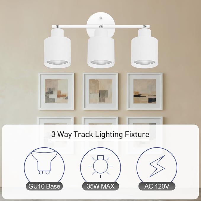 3-Light Led Track Lighting,White Ceiling Lighting Fixtures,Wall Sconces Ceiling Spotlight with Foldable Light Arms for Kitchen, Closet, Bedroom,GU10 Socket, Bulbs Not Included