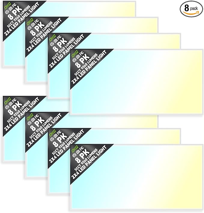 OKQ 2x4 LED Flat Panel Light Drop Ceiling Office Fixture, 5 CCT 3000K-6500K Adjustable & 5 Wattage Selectable,0-10V Dimmable, 2X4 LED Flush Mount Ceiling Light, ETL Listed 8Pack