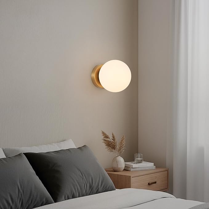 6" Modern Globe Wall Sconces, Mid Century Gold Aged Brass Wall Mounted Lamp with Globe Shade, Indoor Wall Light Fixture Ceiling Light for Bedroom Living Room Hallway Stairway.