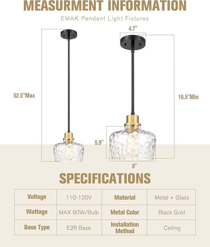 Emak Modern 8 Inch Pendant Lights Kitchen Island, Black and Gold Pendant Light Fixtures with Hammered Glass Shade, Farmhouse Island Lights for Kitchen, Dining Room, Bathroom, PL122-BKBGD-HG