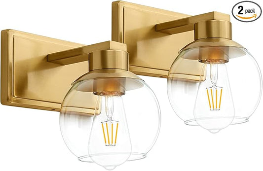 Brushed Brass Bathroom Sconces Set of 2, Gold Wall Sconces Set of Two, Bathroom Vanity Light with Clear Glass Shade, Modern Wall Light Fixtures for Bath Mirror Hallway Bedroom Living Room, Hardwired