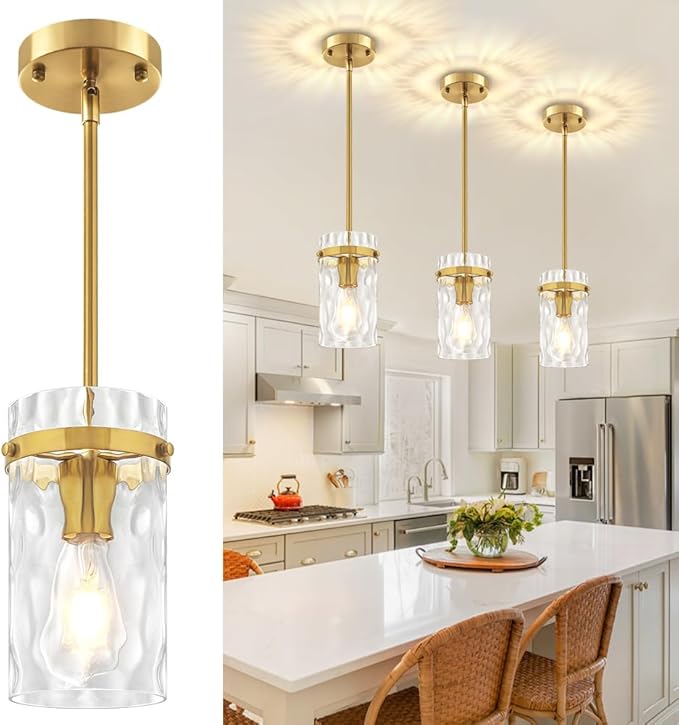 3 Pack Brushed Gold Pendant Lights Kitchen Island, Hammered Glass Kitchen Pendant Lighting Over Island Adjustable Hanging Bathroom Light Fixtures Modern Pendant Light for Dining Room Hallway Foyer