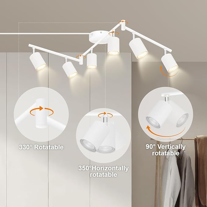 Plug in Track Lighting LED, Track Lighting Fixtures Ceiling, White 6-Light Kitchen Light Kit, Plug in Wall Light with 14.8ft Power Cord, Rotatable Ceiling Spotlight for Bedroom(GU10 Socket, NO Bulb)