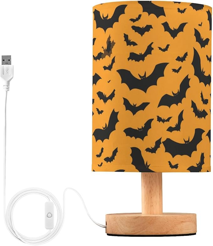 Aslsiy Halloween Black Bat Orange Bedside Table Lamp Nightstand Lamp Night Light Fabric Shade for Bedroom Living Room Home Office