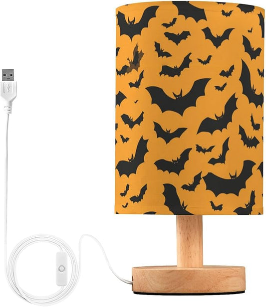 Aslsiy Halloween Black Bat Orange Bedside Table Lamp Nightstand Lamp Night Light Fabric Shade for Bedroom Living Room Home Office