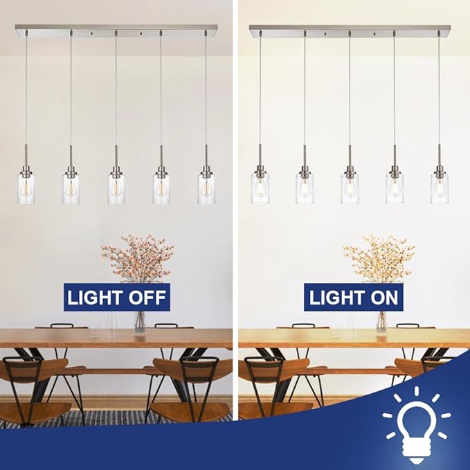 TODOLUZ 5-Light Farmhouse Chandelier, Adjustable Height Pendant Light Fixtures in Brushed Nickel, Dining Room Hanging Ceiling Lighting with Seeded Glass Shade