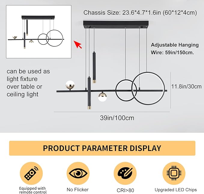 ORANOOR Modern LED Pendant Lights, Dimmable 39in Linear Wave LED Chandelier Lighting, Black & Gold Dining Room Hanging Light Fixtures Kitchen Island Globe Pendant Light for Dining Table (2704lm)