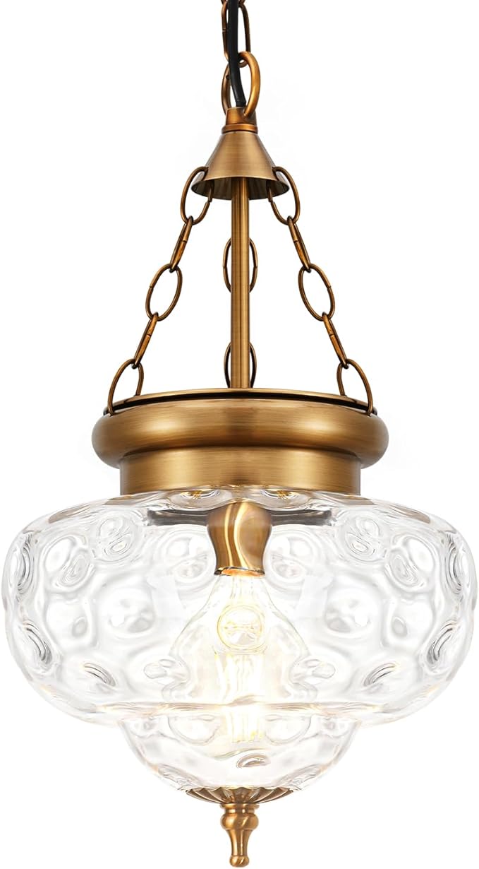 Vintage Pendant Light - Bronze Gold Pendant Lights Kitchen Island with Hammered Glass Shade, Brass Penant Lighting Fixtures with Adjustable Hanging Chain for Kitchen, Dining Room, Entryway