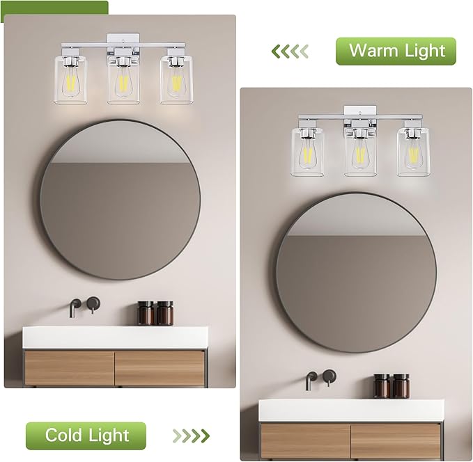 Espird Chrome Bathroom Vanity Light - 3 Light Bathroom Light Fixture Square Design & UL Certification, Bath Room Lighting Fixtures Over Mirror, Modern Vanity Lighting Fixture for Living Room