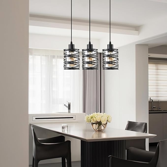 3 Light Pendant Lights Kitchen Island Black Pendant Light Fixtures Spiral Iron Kitchen Island Lighting with Clear Glass Shade Adjustable Hanging Light Fixtures