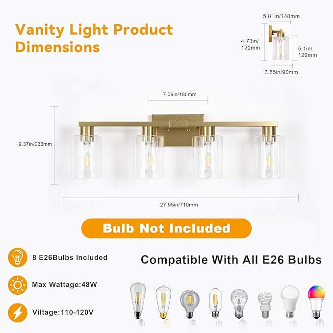 4-Light Bathroom Vanity Light, Modern Brushed Gold Wall Lights with Clear Glass Shades, Bathroom Wall Sconce Lamp for Mirror Living Room Bedroom Hallway