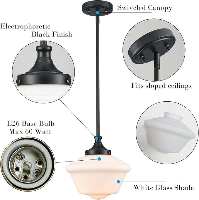SAMTEEN 10-Inch Black Schoolhouse Pendant Light with White Glass Shade Schoolhouse Light Fixture Adjustable Height Modern Schoolhouse Pendant Lighting for Kitchen Island Dining Room Living Room