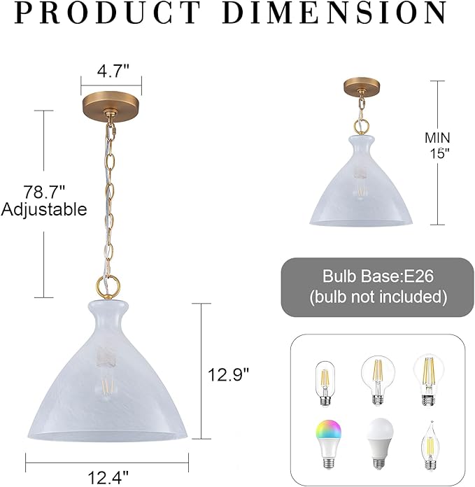 EDSILIVE Vintage Cloudy Glass Pendant Lights Kitchen Island 12" Milk White Hanging Ceiling Light Fixture with Gold Finish for Dining Room Kitchen Table