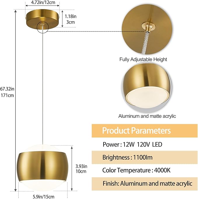 Modern Gold LED Dimmable Pendant Light fixtures,6″ Island Pendant Lighting for Kitchen Island Dinning Room,Bedroom,Bar, Kitchen Island Ceiling Hanging Light Fixtures(gold-1-Pack)