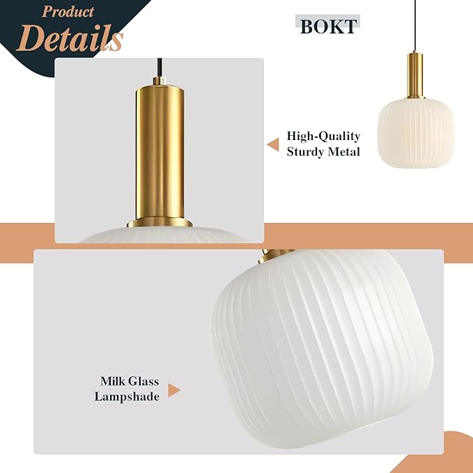 BOKT Pendant Lights Kitchen Island Brass Modern Gold Pendant Light Fixtures 7.9" Vintage Adjustable Height Hanging Lamp with Milk White Glass Shade for Entryway Dining Room Hallway