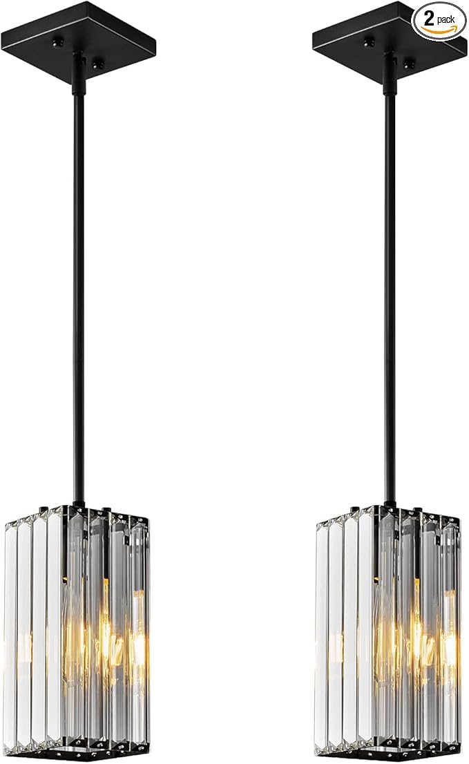 Modern Pendant Light Black Rectangle Pendant Lighting Mini Crystal Chandeliers Adjustable Pendant Light Fixture for Kitchen Island Dinning Room Living Room Corridor Bedroom(Black 2-Pack)