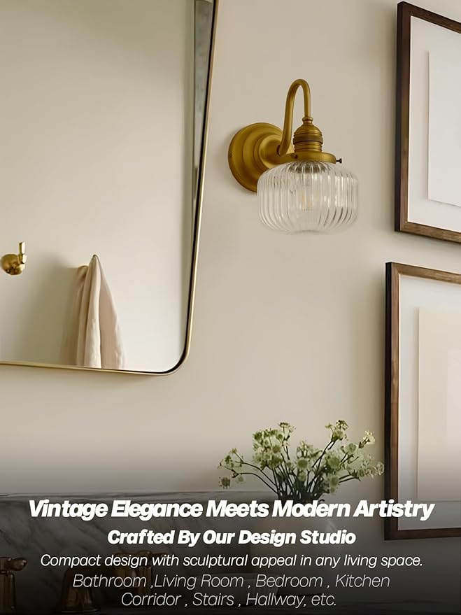 Gold Wall Sconces,Vintage Bathroom Vanity Light with Hand-Blowing Clear Glass Minimalist Hardwire Brass Wall Mounted Lamp for Bathroom Mirror Living Room Bedroom Kitchen E26 Indoor