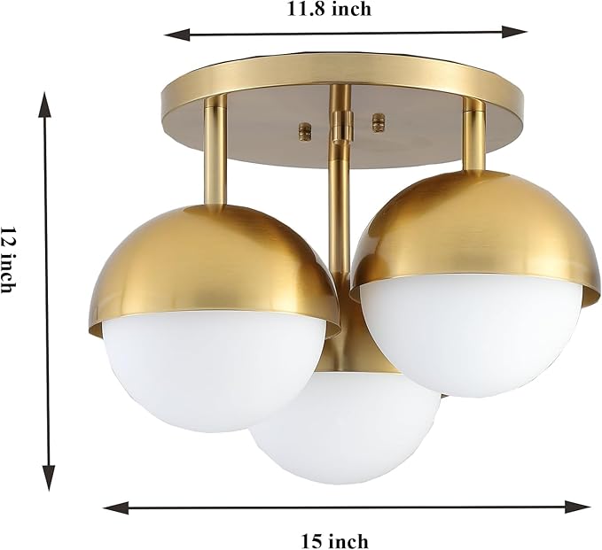 Globe Flush Mount 3-Light Ceiling Light, Mid Century Modern Brass Gold Ceiling Light Fixture with Globe White Frosted Glass Shade for Bedroom Hallway Entryway Kitchen Living Room