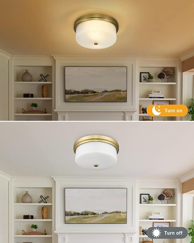 CALDION Close to Ceiling Light, 12inch Flush Mount Ceiling Light Fixture, Metal Gold Finish with Handmade White Marble Art Glass Shade for Bedroom Living Room Hallway Kitchen Laundry