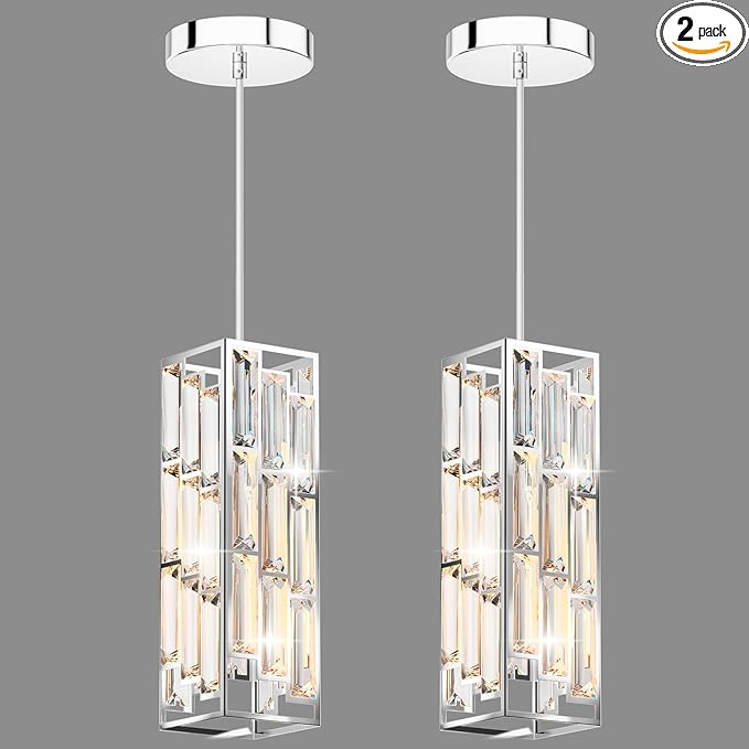 Chrome Pendant Lights Modern Pendant Light Fixture, Mini Crystal Pendant Ceiling Light, Pendant Light for Kitchen Island, Dinning Room, Bedroom, Kitchen Sink Lighting (2-Pack)