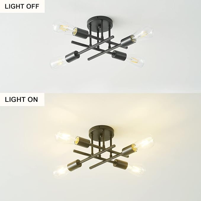 Modern Semi Flush Mount Ceiling Light Fixture,4-Light Farmhouse Light Fixtures Ceiling Mount,Industrial Chandelier Ceiling Lamp for Living Room Bedroom Kitchen Hallway,Bulb Not Included(Black)