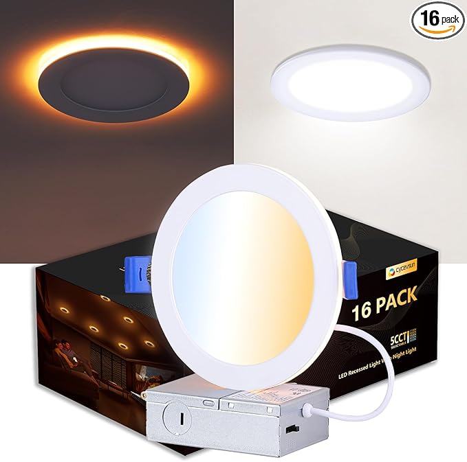 CycevSun Canless 6 Inch LED Recessed Lights with Night Light 16 Pack, Ultra Thin Wafer Downlight Indoor Exterior Soffit, Dimmable & 5 Color Selectable,12W, 120V, ETL Listed
