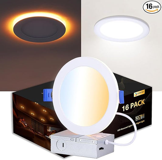 CycevSun Canless 6 Inch LED Recessed Lights with Night Light 16 Pack, Ultra Thin Wafer Downlight Indoor Exterior Soffit, Dimmable & 5 Color Selectable,12W, 120V, ETL Listed
