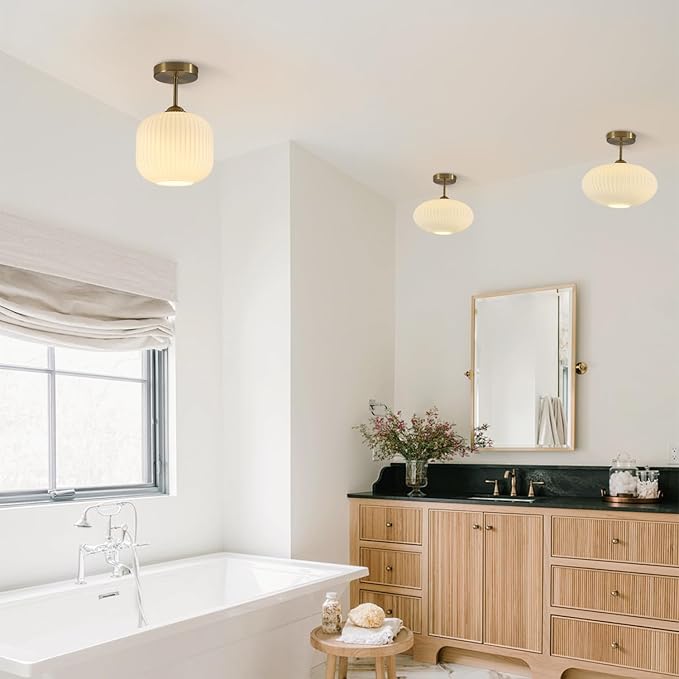 BOKT Vintage Semi Flush Mount Ceiling Lights 2 Pack 7.9" Stripe Milk White Glass Shade Modern Ceiling Lamp Mid Century Gold Ceiling Light Fixture for Farmhouse, Kitchen Island, Hallway