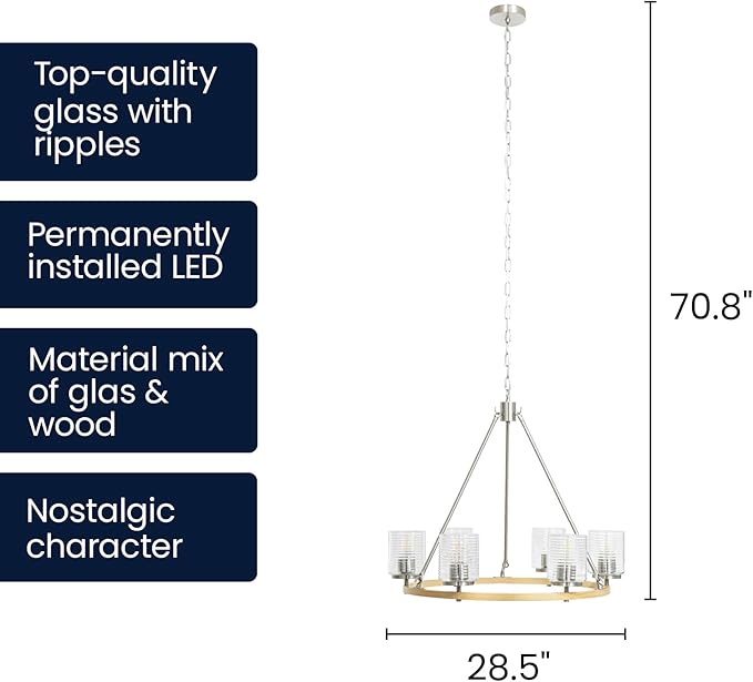 28.5" Wagon Wheel Chandelier, 6-Light Kitchen Chandelier with Wood Finish & Brushed Nickel, Modern Farmhouse Hanging Light Fixture for Dining Room, E26 Base, Bulb Not Included