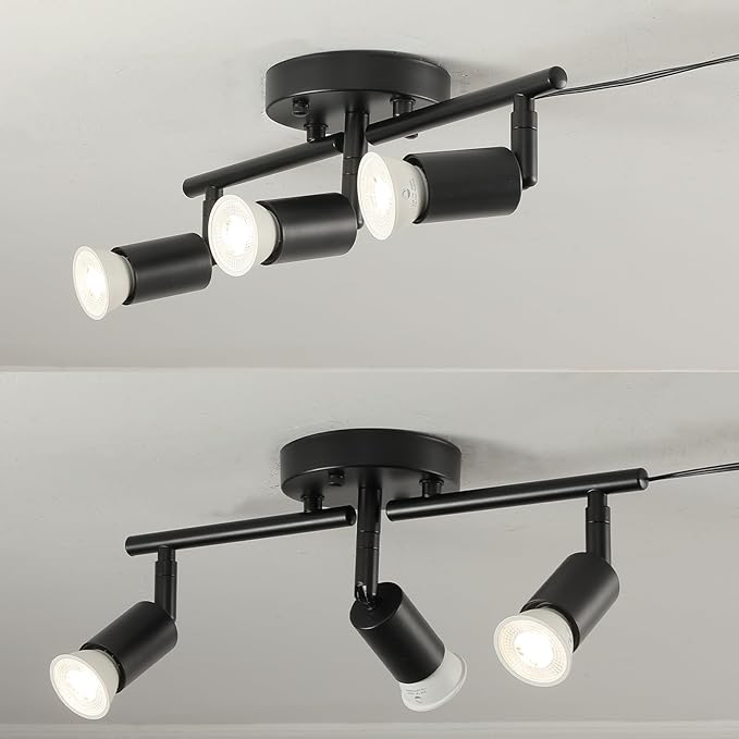 Dimmable 3 Light Black Plug in Track Light White Plug in Ceiling Lighting Fixture with 16.4' Long Cord,3 Way Ceiling Spotlight,Rotatable Wall Mount Light Head,LED dimmable Spot Bulbs Included