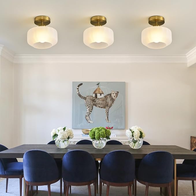 Industrial Gold Matte Light Fixtures Ceiling Mount, with Frosted Glass Shades Semi Flush Mount Ceiling Light, for Hallway Fixtures Kitchen, Foyer