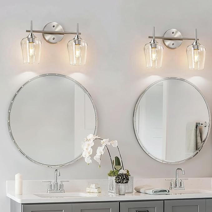 MOKATNG 2-Light Bathroom Light Fixtures, Brushed Nickel Vanity Lights for Bathroom with Clear Glass, Bathroom Lighting Fixtures Over Mirror, Modern Wall lamp for Cabinet Hallway