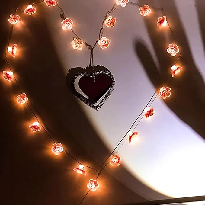USB/Battery Operated 13ft Copper Wire 40LED Pink Cherry Blossom Fairy Light | Flower-Shaped Fairy Lights String – Indoor & Outdoor Hanging Decor for Valentine's Day, Mother's Day, Wedding Parties